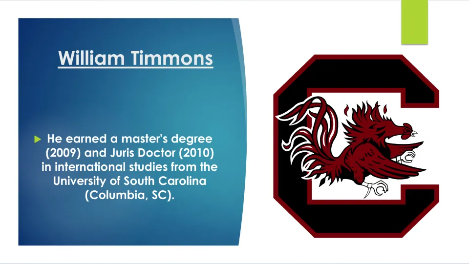 Education slide listing Timmons's master's degree in 2009 and Juris Doctor in 2010 from University of South Carolina