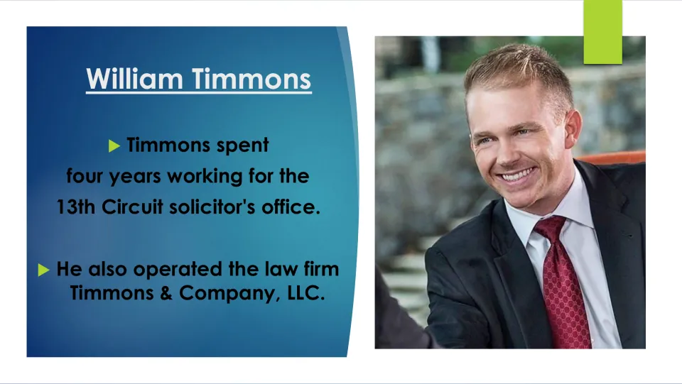 Career slide on Timmons's four years at the 13th Circuit solicitor's office and his law firm, Timmons & Company, LLC