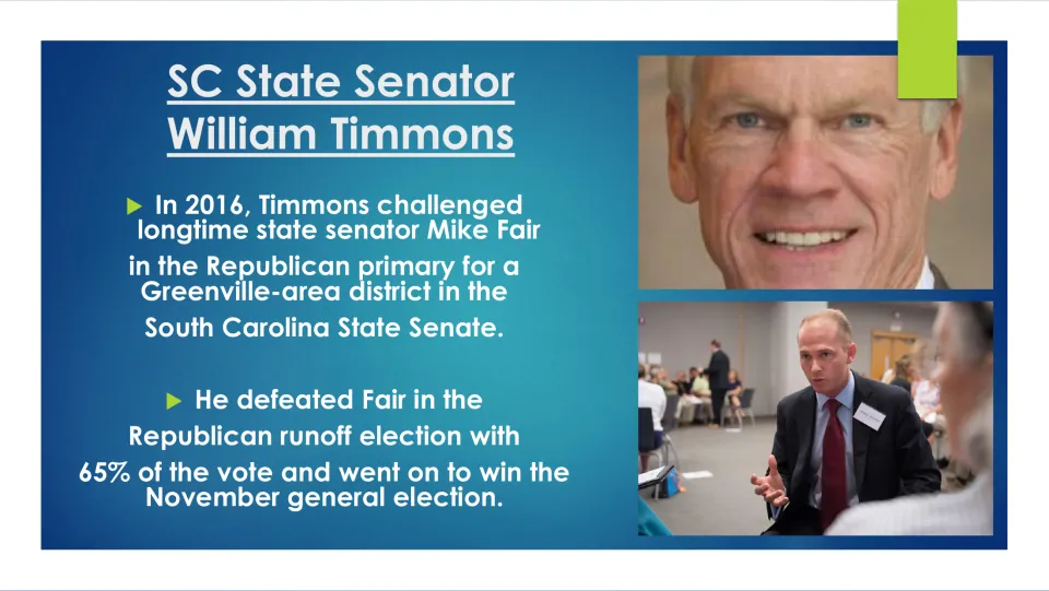 Election slide on Timmons's 2016 challenge to Mike Fair, 65% Republican runoff win, and general election victory