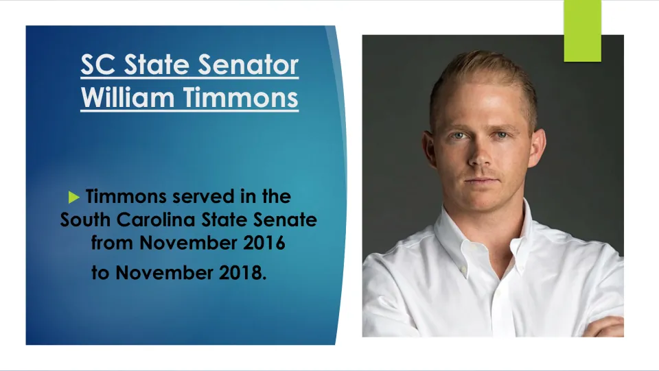 State Senate slide stating William Timmons served in South Carolina from November 2016 to November 2018