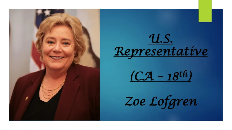 Biography presentation cover identifying Zoe Lofgren as U.S. Representative for California’s 18th district