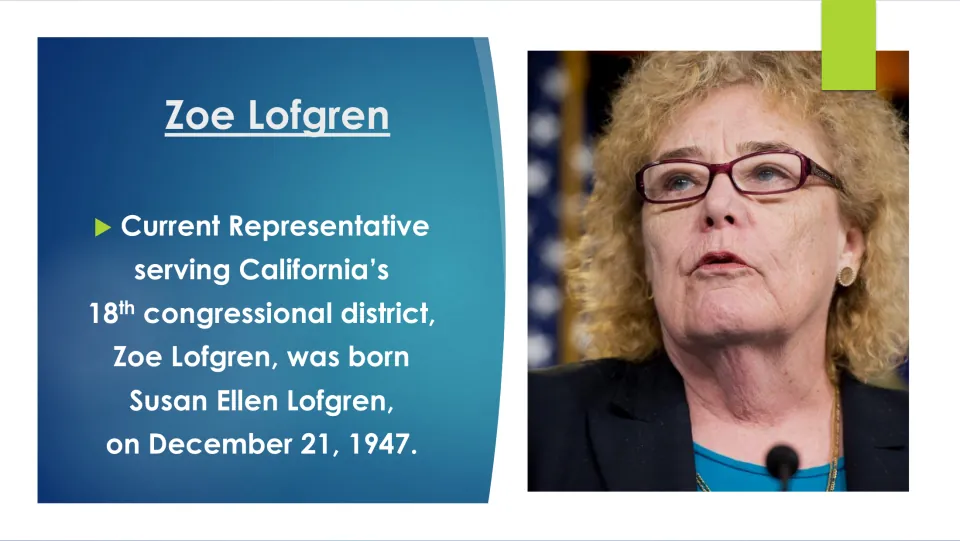 Biography slide introducing Zoe Lofgren’s birth name, Susan Ellen Lofgren, and December 21, 1947 birth date
