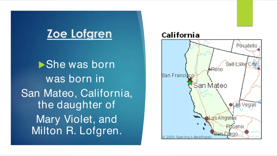 Biography slide naming San Mateo, California, as Lofgren’s birthplace and Mary Violet and Milton as her parents