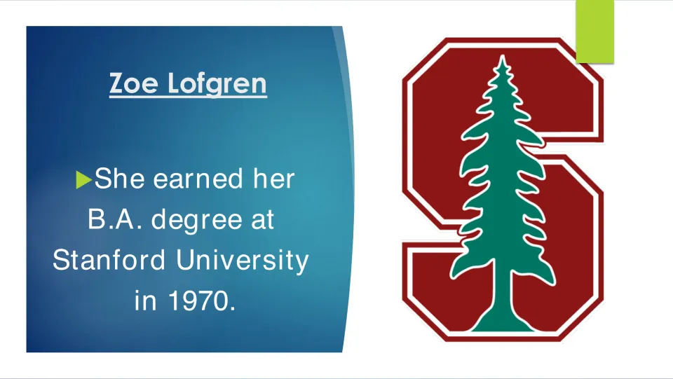 Biography slide stating that Lofgren earned her B.A. at Stanford University in 1970, with the Stanford logo