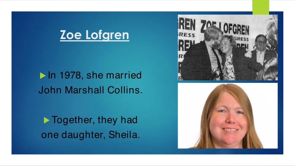 Biography slide describing Lofgren’s 1978 marriage to John Marshall Collins and naming their daughter Sheila