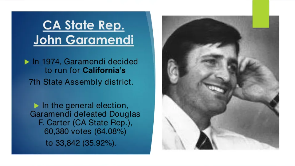 Biography slide recounting Garamendi’s 1974 California State Assembly election victory over Douglas F. Carter