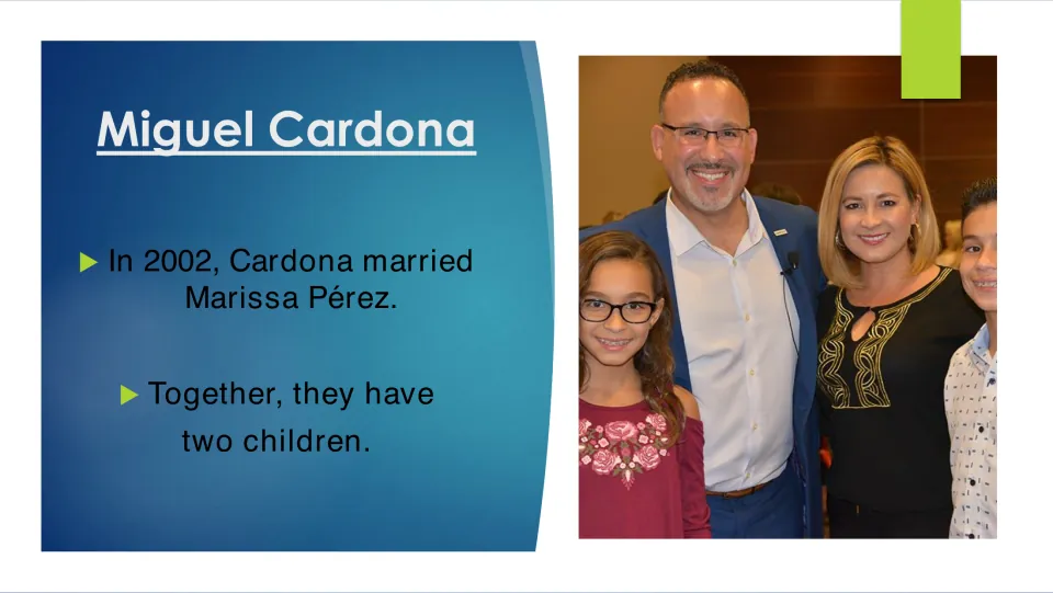 Biography slide 8: Cardona married Marissa Pérez in 2002, and they have two children; a family photo accompanies