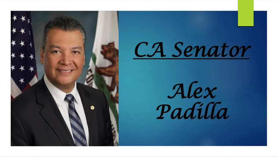 Biography presentation cover introducing California Senator Alex Padilla, with his portrait