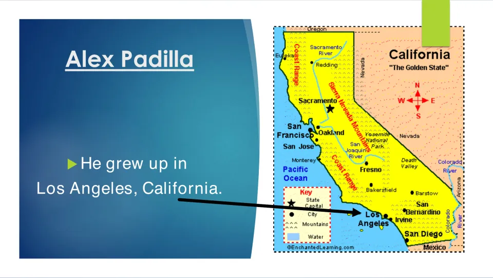 Biography slide stating that Alex Padilla grew up in Los Angeles, with an arrow locating it on a California map