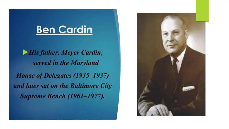 Family biography slide on Meyer Cardin’s service in the Maryland House and on Baltimore’s Supreme Bench.