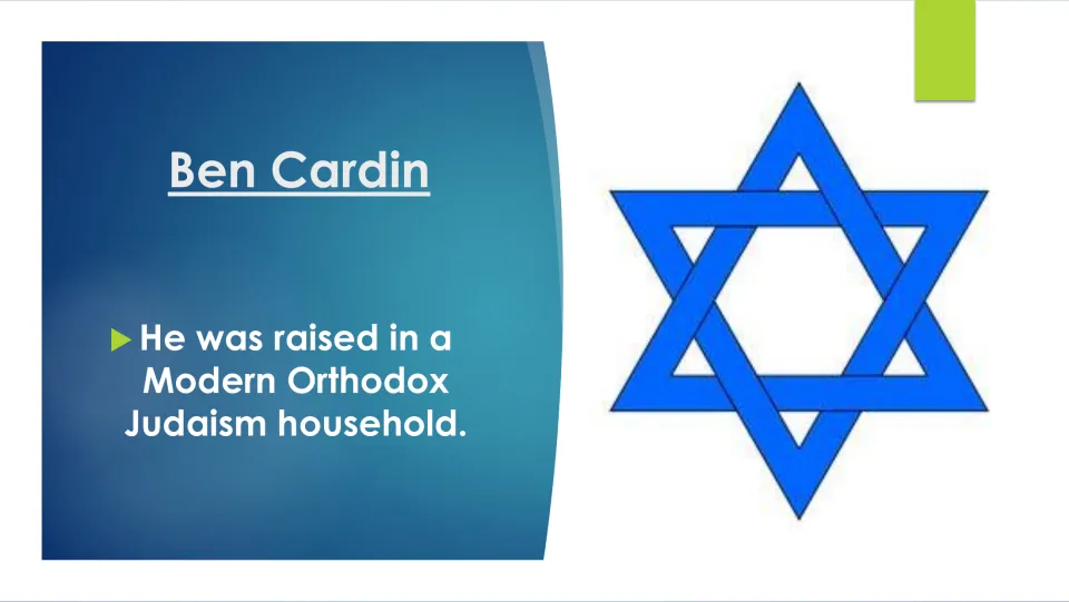 Childhood biography slide stating Ben Cardin was raised in a Modern Orthodox Jewish household.