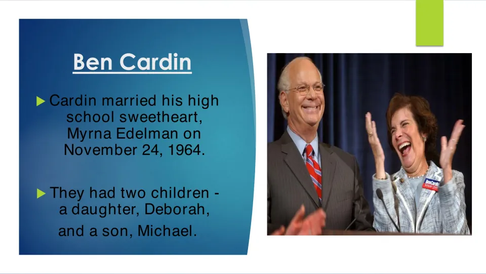 Family biography slide on Ben Cardin’s 1964 marriage to Myrna Edelman and their children, Deborah and Michael.