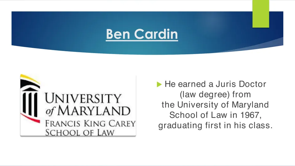 Education slide on Ben Cardin’s 1967 Maryland law degree and graduation at the top of his class.