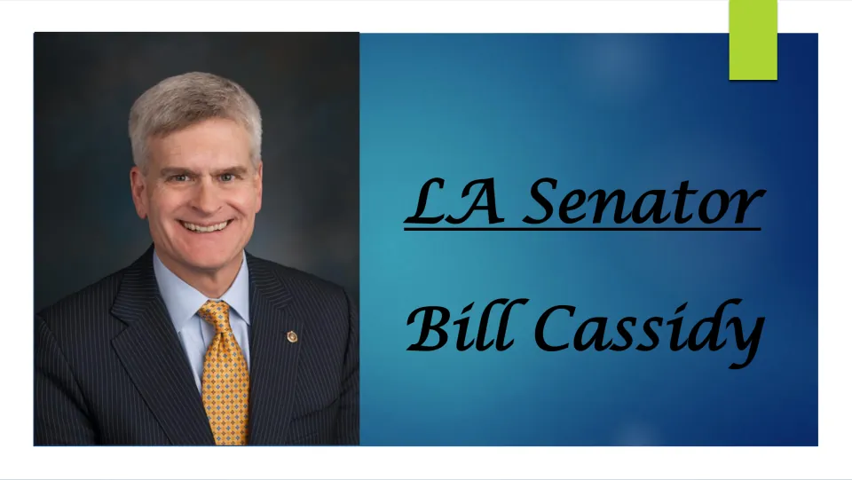 Biography presentation cover identifying Bill Cassidy as a Louisiana senator, alongside his portrait