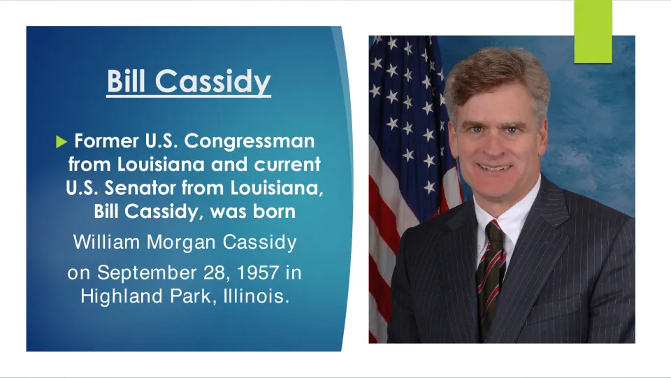 Biography slide giving William Morgan Cassidy's birth date, September 28, 1957, and Highland Park birthplace