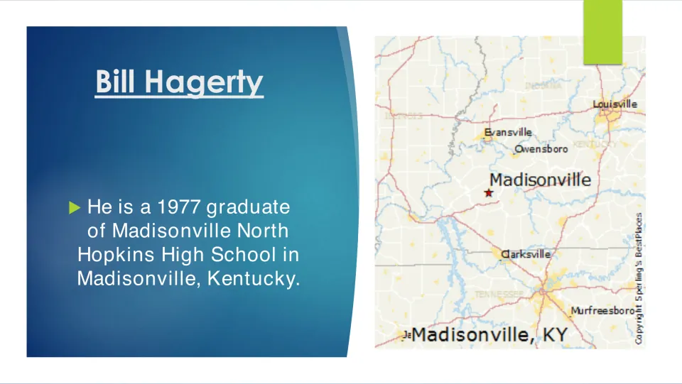 Biography slide on Bill Hagerty's 1977 graduation from Madisonville North Hopkins High School in Kentucky