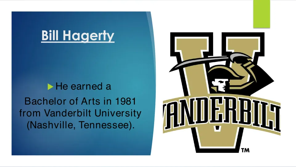 Biography slide on Bill Hagerty's 1981 Bachelor of Arts degree from Vanderbilt University in Nashville