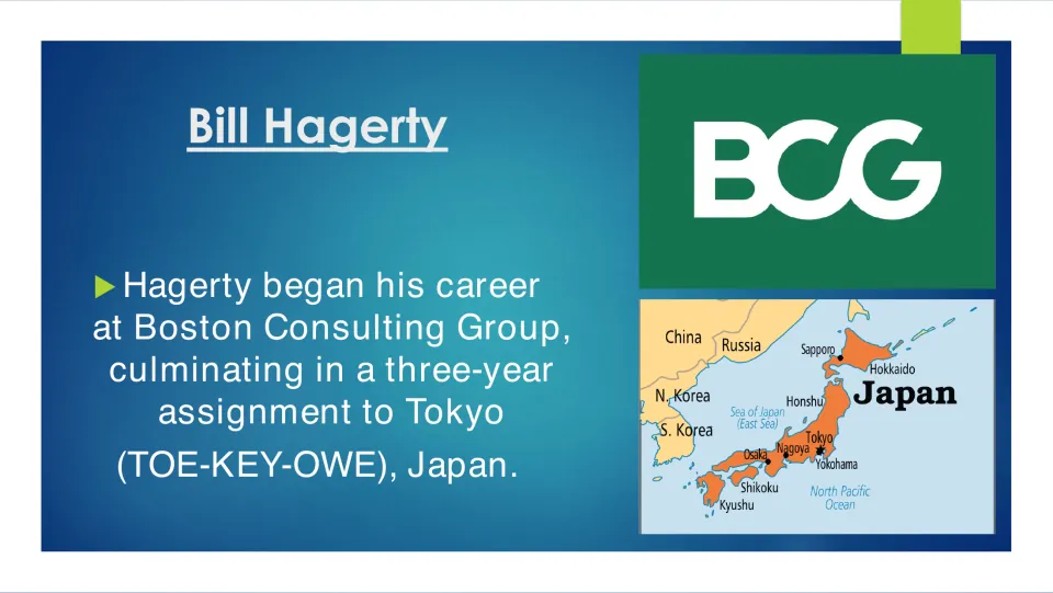 Biography slide on Bill Hagerty's early career at Boston Consulting Group and three-year assignment in Tokyo