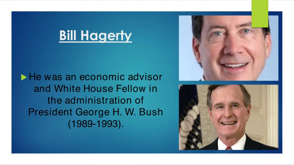 Biography slide on Bill Hagerty's work as an economic advisor and White House Fellow under George H. W. Bush