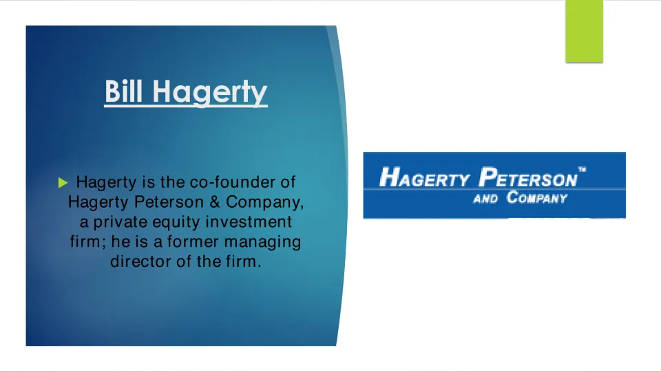 Biography slide identifying Bill Hagerty as co-founder and former managing director of Hagerty Peterson & Company