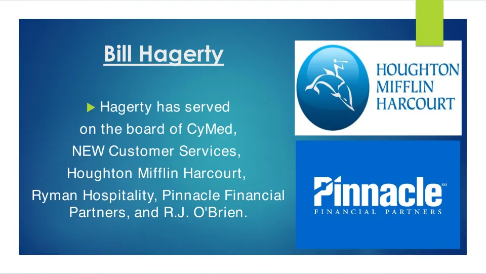 Biography slide listing Bill Hagerty's board service at CyMed, NEW Customer Services, and four other companies