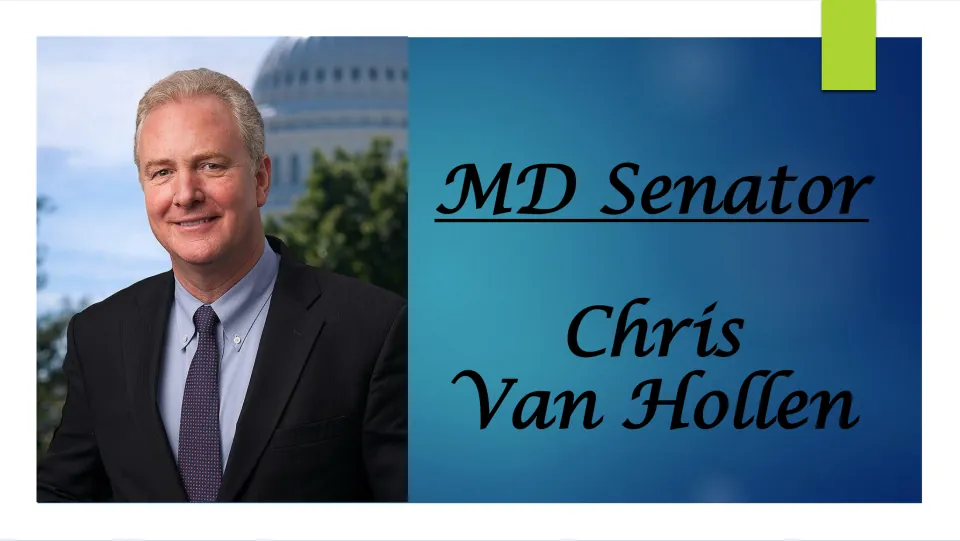 Biography presentation cover introducing Maryland Senator Chris Van Hollen, with his name and portrait