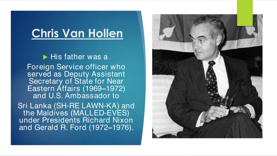 Family biography slide detailing his father's Foreign Service career and ambassadorship to Sri Lanka and the Maldives