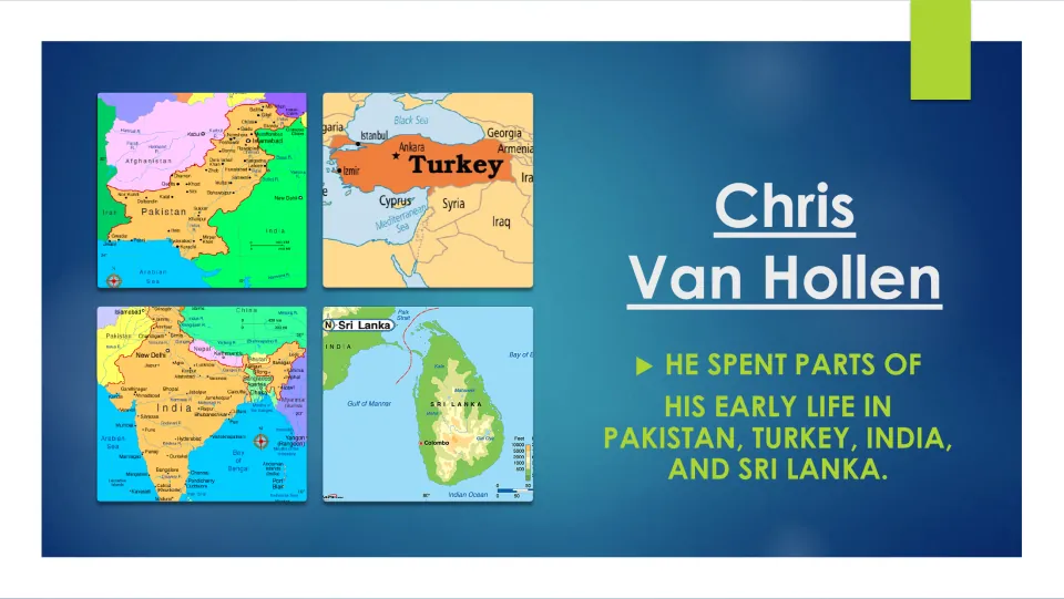 Childhood biography slide naming Pakistan, Turkey, India, and Sri Lanka as places he lived, with maps