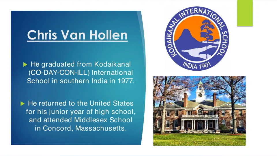 Education biography slide describing Kodaikanal International School in India and Middlesex School in Massachusetts