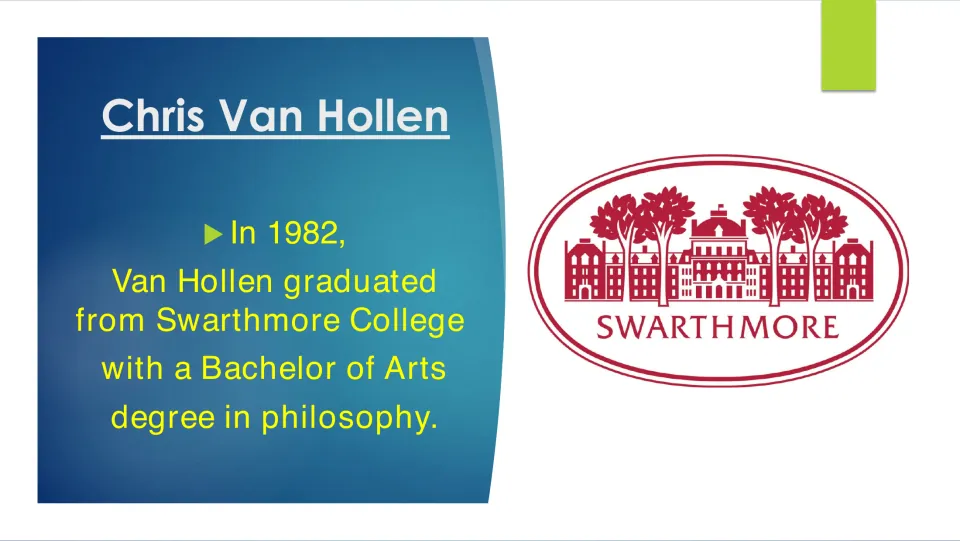 College biography slide stating that Van Hollen earned a Bachelor of Arts in philosophy at Swarthmore in 1982