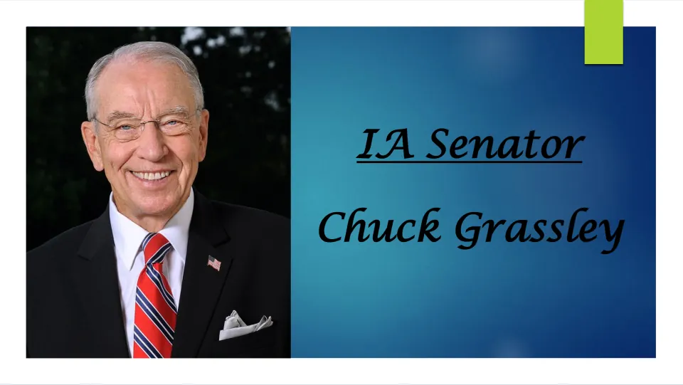Biography presentation cover introducing Iowa Senator Chuck Grassley, with his name and portrait