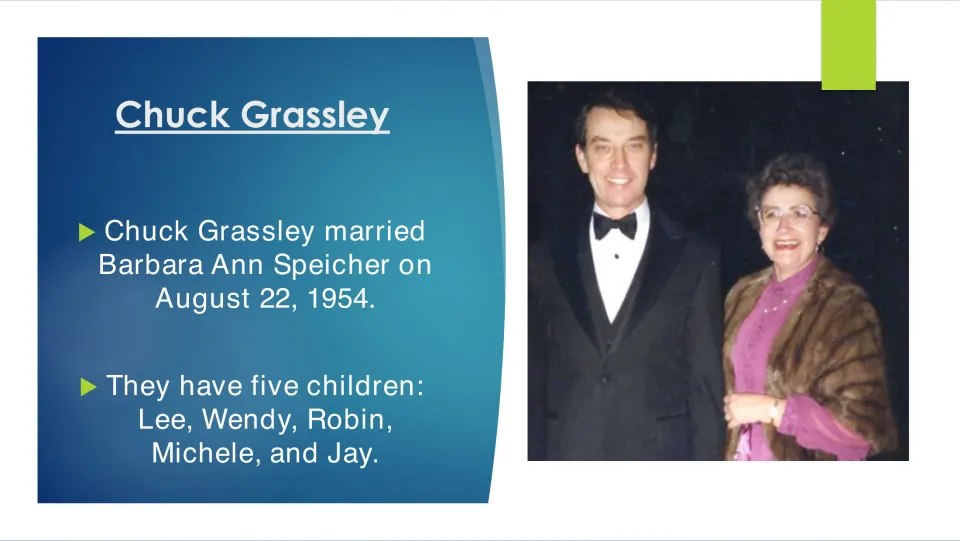 Family slide covering Grassley's August 22, 1954, marriage to Barbara Ann Speicher and their five children