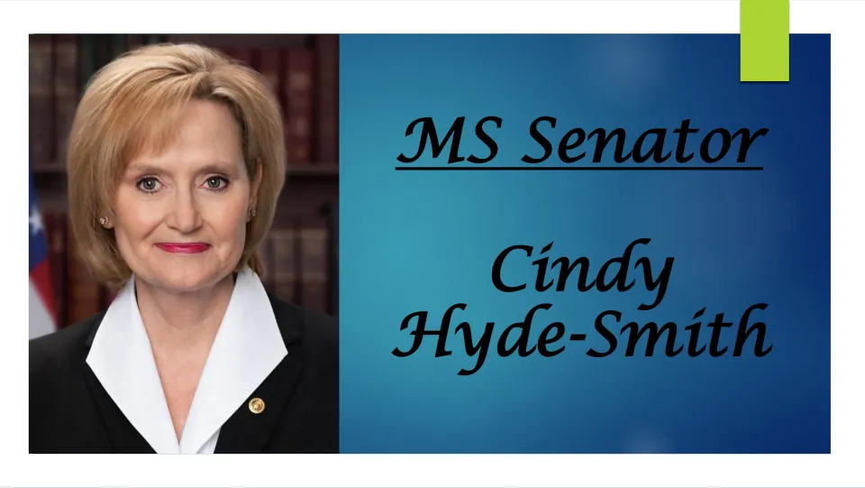 Biography presentation cover identifying Cindy Hyde-Smith as a Mississippi senator, alongside her portrait