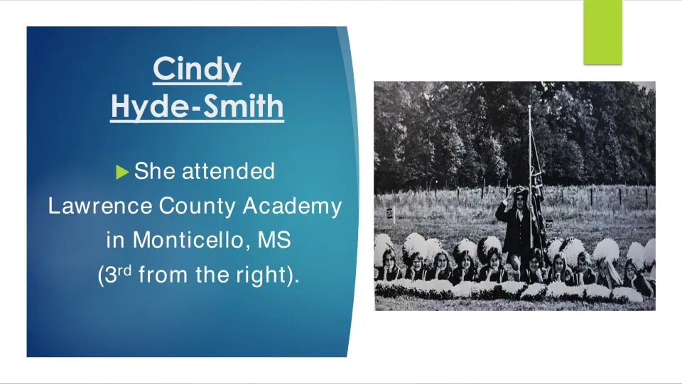 Biography slide on Cindy Hyde-Smith’s attendance at Lawrence County Academy, identifying her in a group photo