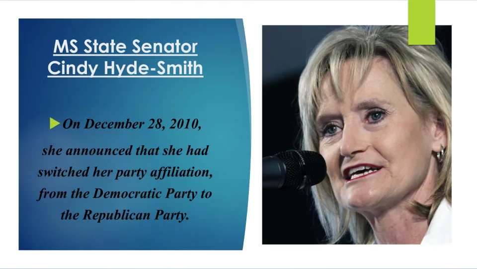 Biography slide dating Cindy Hyde-Smith’s switch from the Democratic to Republican Party to December 28, 2010