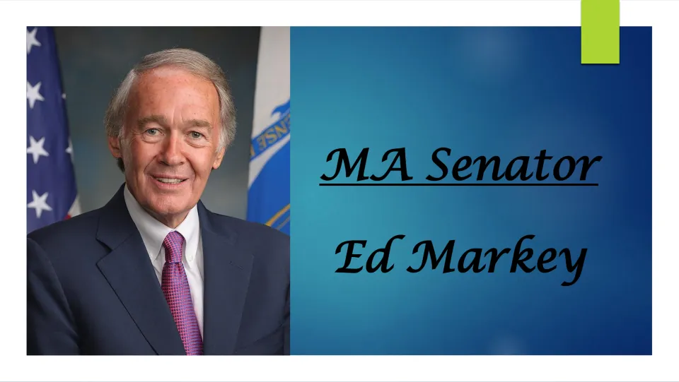 Biography presentation cover introducing Massachusetts Senator Ed Markey with his name and portrait