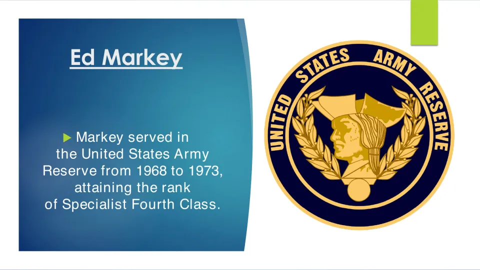 Biography slide detailing Markey’s U.S. Army Reserve service from 1968 to 1973 and Specialist Fourth Class rank