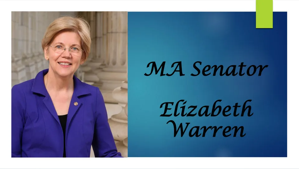 Biography presentation cover introducing Massachusetts Senator Elizabeth Warren, with her portrait and name