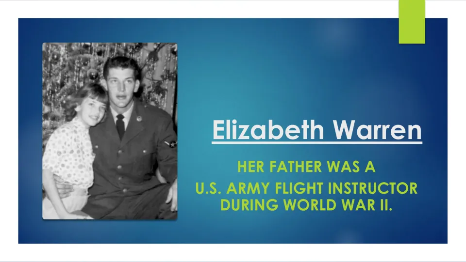 Family history slide stating that Warren’s father was a U.S. Army flight instructor during World War II
