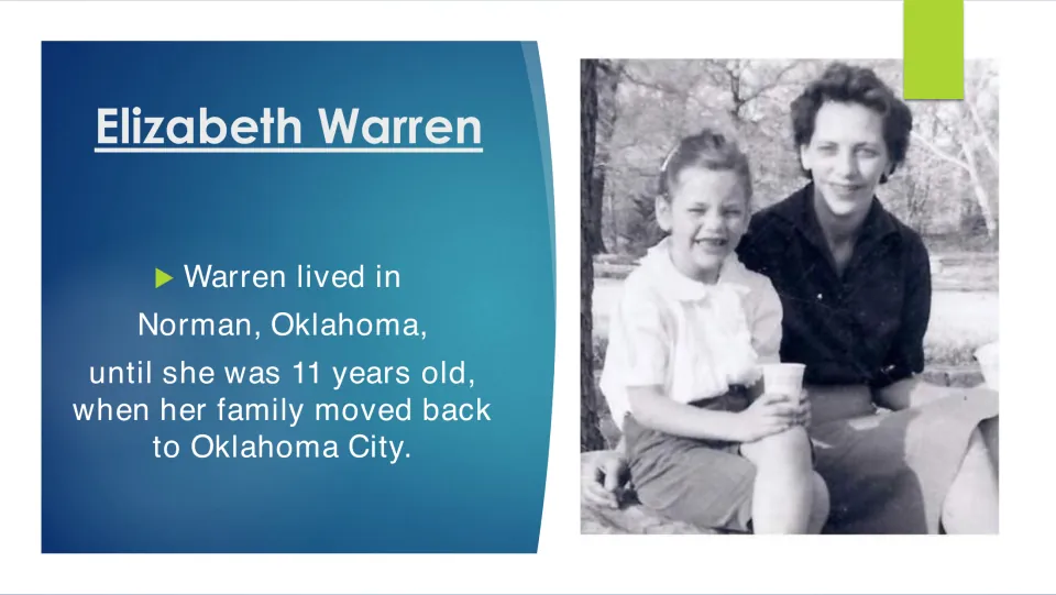 Childhood biography slide describing Warren’s move from Norman, Oklahoma, back to Oklahoma City at age 11