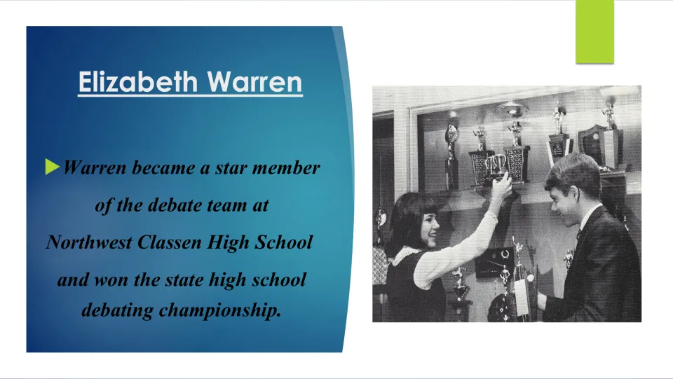 High school biography slide describing Warren’s debate success at Northwest Classen and a state championship