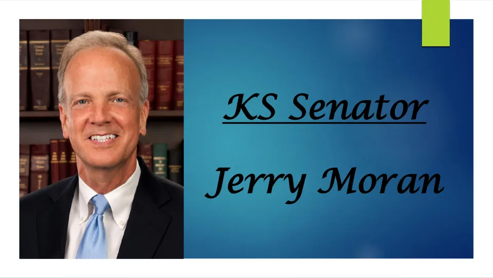 Biography presentation cover titled 'KS Senator Jerry Moran,' featuring a portrait of the Kansas senator