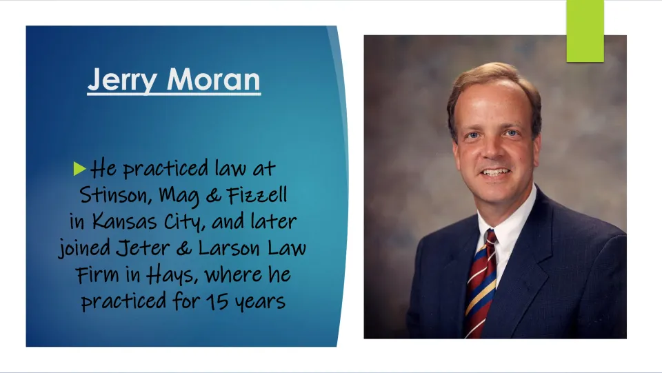 Biography slide covering Moran's law practice at Stinson, Mag & Fizzell and 15 years at Jeter & Larson