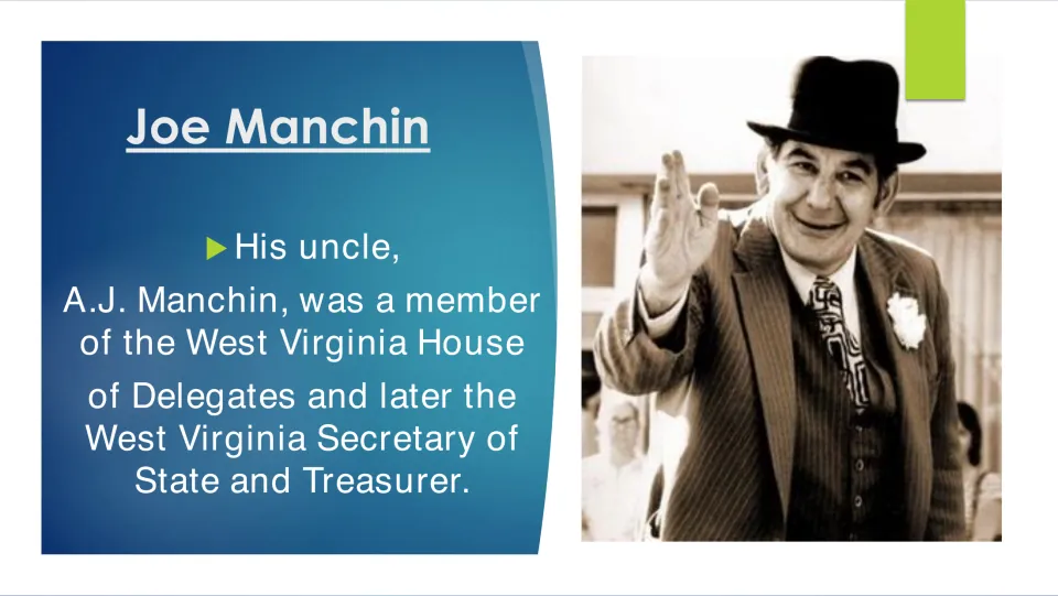 Family biography slide on uncle A.J. Manchin's service as a West Virginia delegate, secretary of state, and treasurer