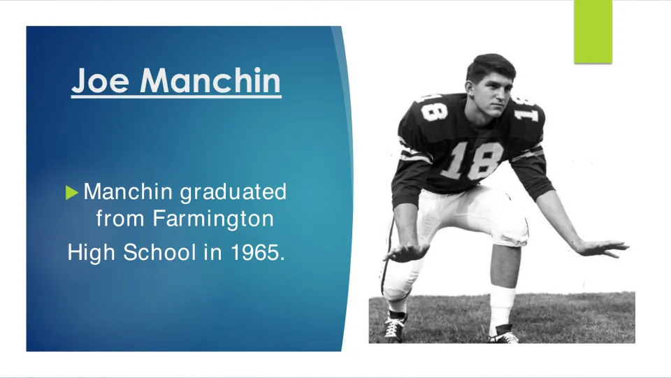 Education slide stating Manchin graduated from Farmington High School in 1965, beside a football photograph