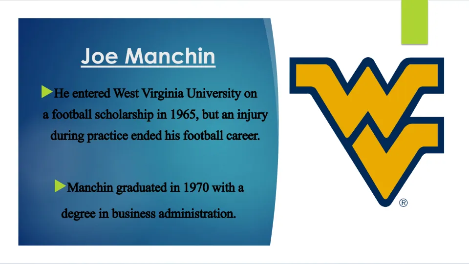 College biography slide covering Manchin's 1965 football scholarship, injury, and 1970 business degree at WVU