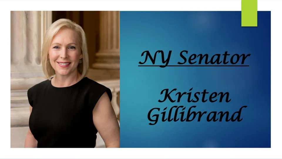 Biography presentation cover titled 'NY Senator Kristen Gillibrand,' featuring a formal portrait of her