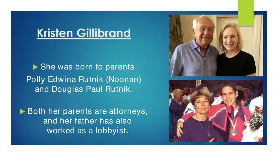 Family background slide naming Gillibrand’s parents, Polly Edwina Rutnik (Noonan) and Douglas Paul Rutnik