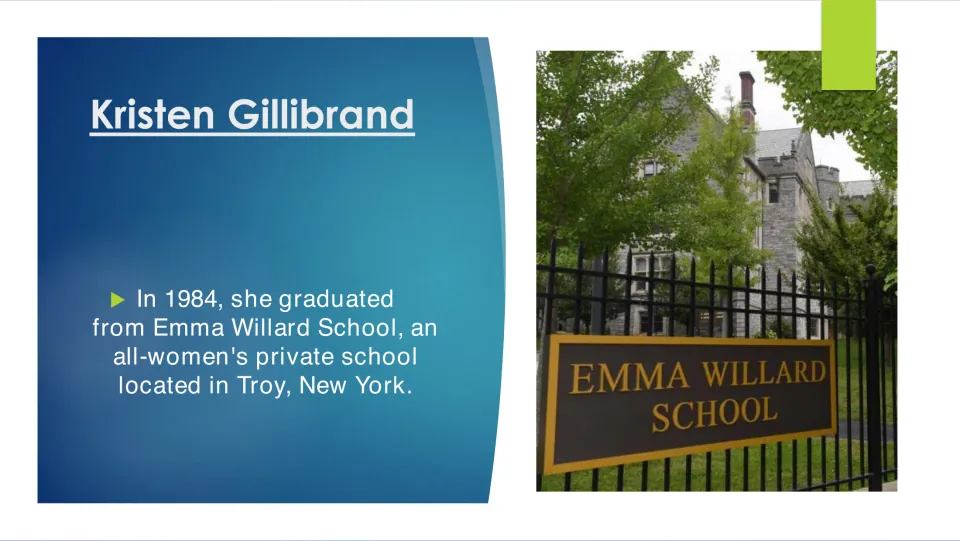 Education slide noting Gillibrand’s 1984 graduation from Emma Willard School, a private girls’ school in Troy