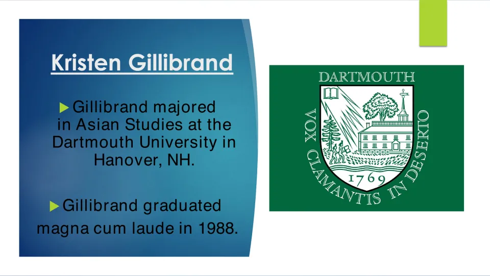 College education slide describing Gillibrand’s Asian Studies major and 1988 magna cum laude graduation
